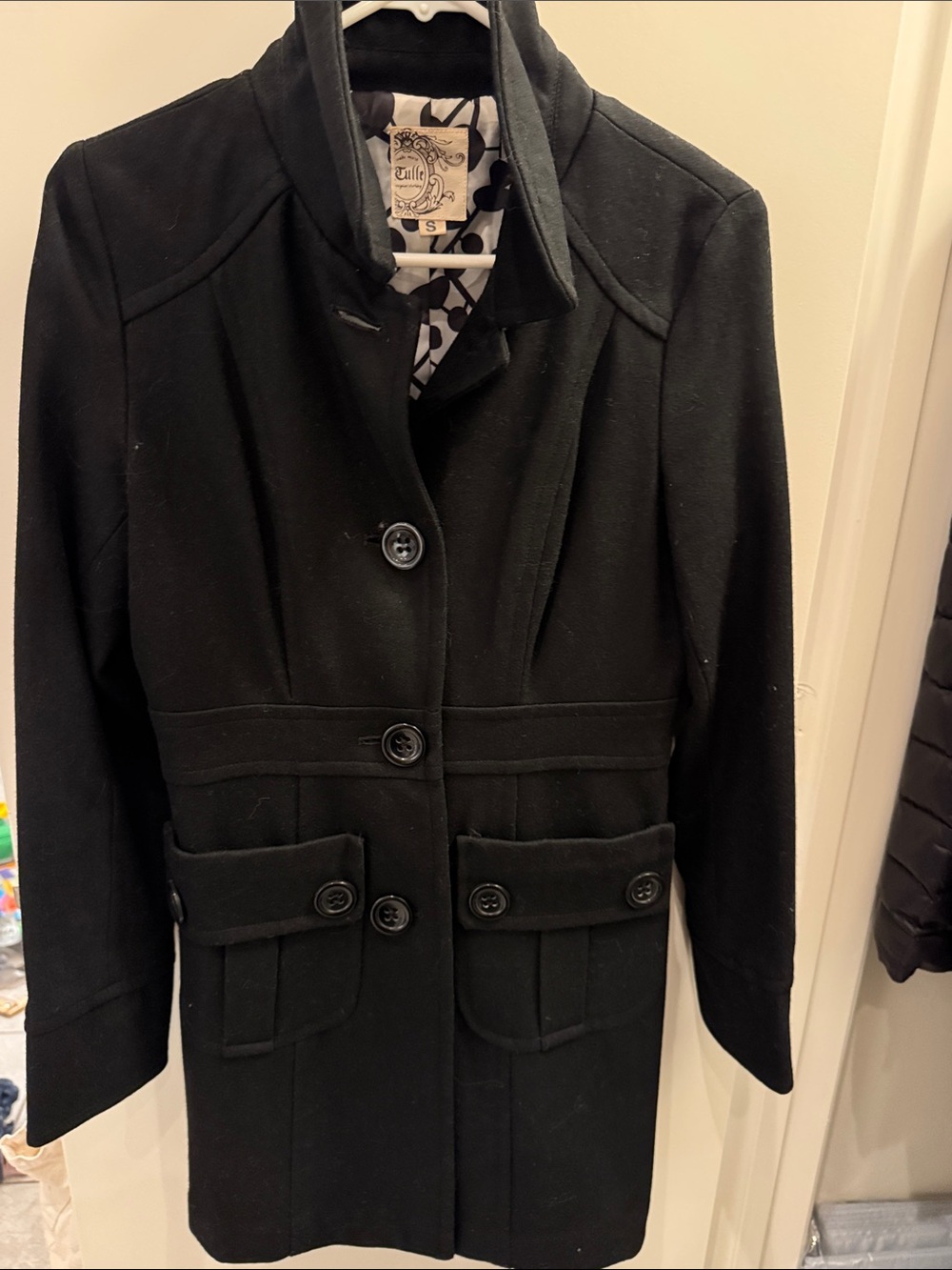 Tulle Black Wool-Blend Button Front Pea Coat Anthropologie